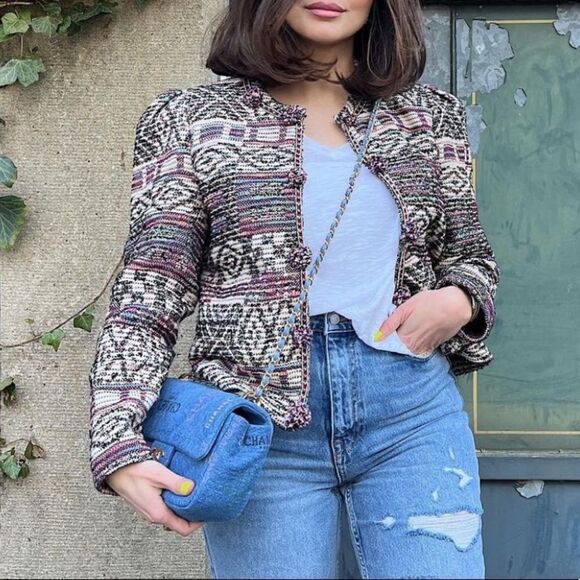 Zara Jacquard Jacket Cardigan Wool / Cotton Blend in Multicolor Large - Picture 2 of 13